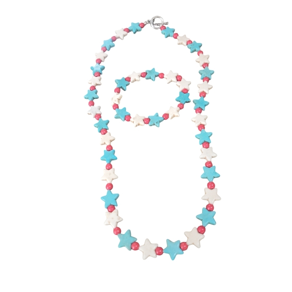 Patriotic Turquoise and White Star Necklace and Bracelet set with red beads - Picture 3 of 5